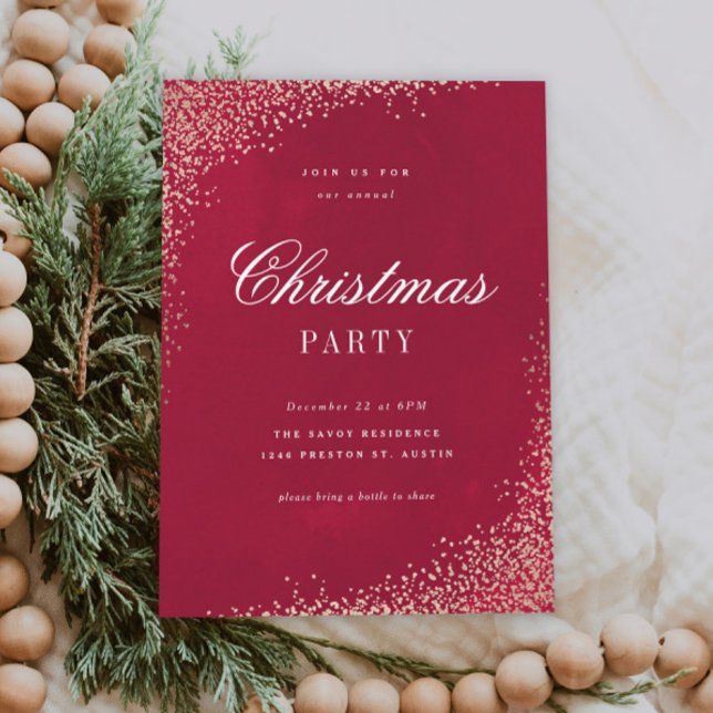 Convites Festa de Natal Elegante em Dourado e Vermelho (Elegant red Christmas party invitations.)