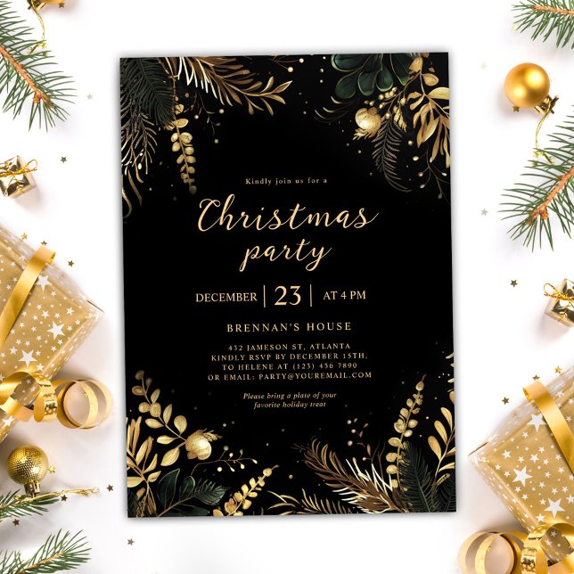Convites Festa de Natal elegante, Feriado Festivo, Greenere (Elegant Christmas Party Festive Holiday Greenery Invitation)