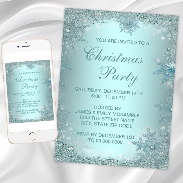 Convites Festa de Natal Elegante Floco de Neve Azul Teal Pr (Snowflake Christmas & any occasion invitation. Instant download and printed invitations avialable)