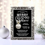 Convites Festa de Natal Elegante, Glitter de Prata Negra<br><div class="desc">Imprima todos os seus hóspedes com estas convites de festas de Natal de prata. Fundo de falso brilho com ornamento e arco em prata. Letras falsas de folha prateada com branco. Personalize-os adicionando suas informações. Perfeito para a empresa, empresa, empresa, escritório, janto da casa. Obter itens correspondentes. Contato do designer...</div>