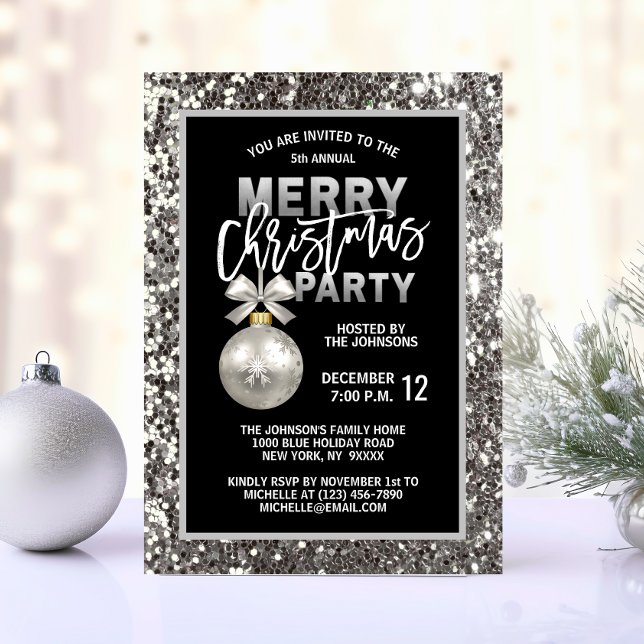 Convites Festa de Natal Elegante, Glitter de Prata Negra (Elegant Christmas PARTY Black Silver Glitter Invitation)