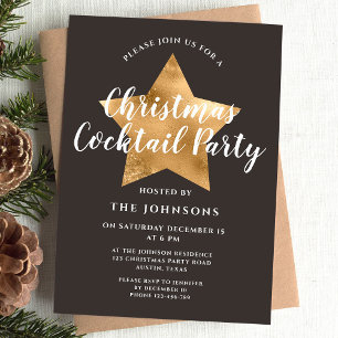 Convites Festa de Natal Elegante Marrom Dourado Estrela Coq