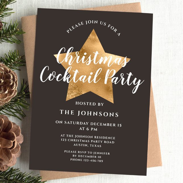 Convites Festa de Natal Elegante Marrom Dourado Estrela Coq (Elegant Brown Gold Star Christmas Cocktail Party Invitation)