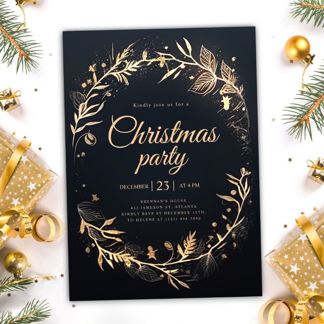 Convites Festa de Natal Elegante Mínima Dourada Feriado Pre (Minimal Black Gold Holiday Elegant Christmas Party Invitation)