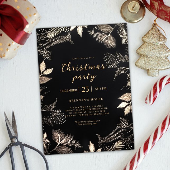 Convites Festa de Natal Elegante Moderna Dourada Festiva Ne (Modern Elegant Christmas Party Black Gold Festive Invitation)