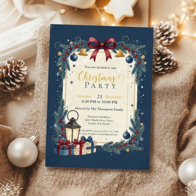 Convites Festa de Natal Elegante Navy Dourado (Navy Gold Invitation
Festive Garland Card
Elegant Christmas Party
Snowflake Holiday Invite)