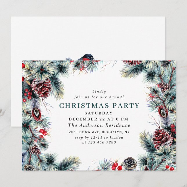Convites Festa de Natal Elegante Pine Holly Berry (Frente/Verso)