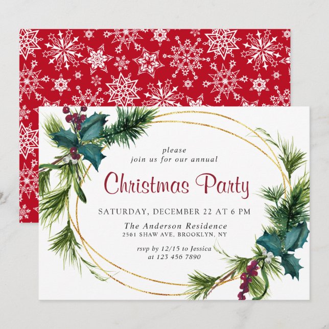 Convites Festa de Natal Elegante Pine Holly Berry (Frente/Verso)