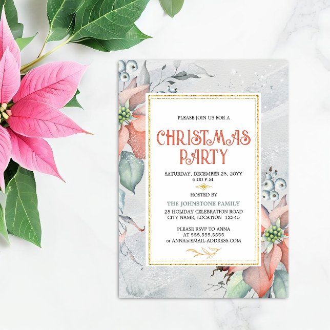 Convites Festa de Natal Elegante Poinsettia (Elegant poinsettia Christmas Holiday party invitation front view.)