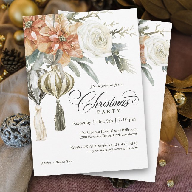 Convites Festa de Natal Elegante Poinsettias e Ornamentos (Personalize this elegant Christmas Party invitation with your event details.)