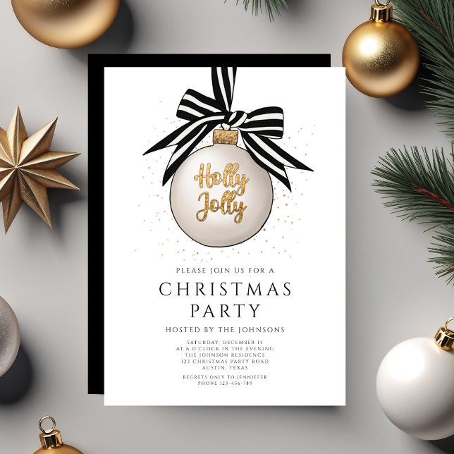 Convites Festa de Natal Elegante Preto e Branco Dourado (Elegant Black And White Gold Christmas Party Invitation)