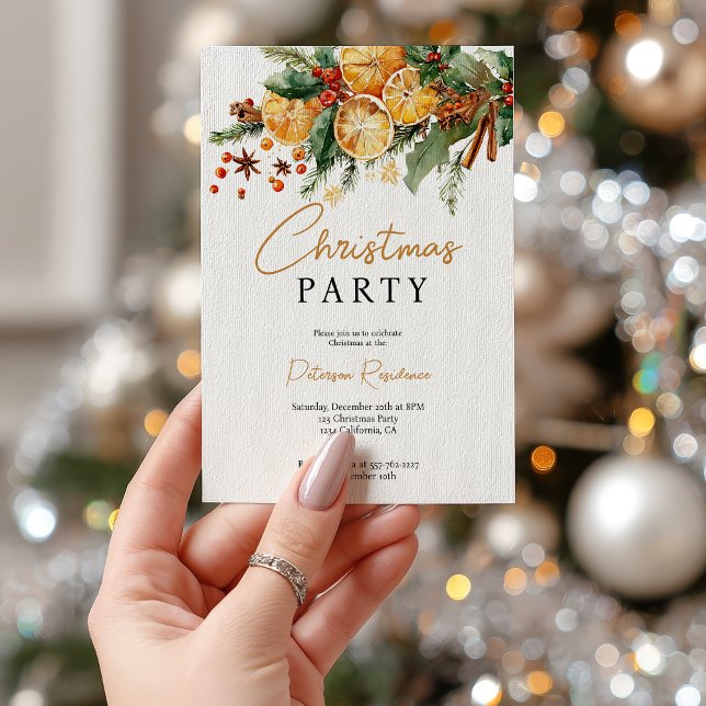 Convites Festa de Natal Elegante Rustic Orange e Pine (Elegant Rustic Orange and Pine Christmas Party Invitation)