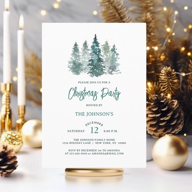 Convites Festa de Natal Elegante Rustic Spruce Pine (Watercolor Rustic Spruce Pine Tree Christmas Party Invitation)