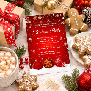 Convites Festa de Natal Elegante Snowy Red Christmas Balls