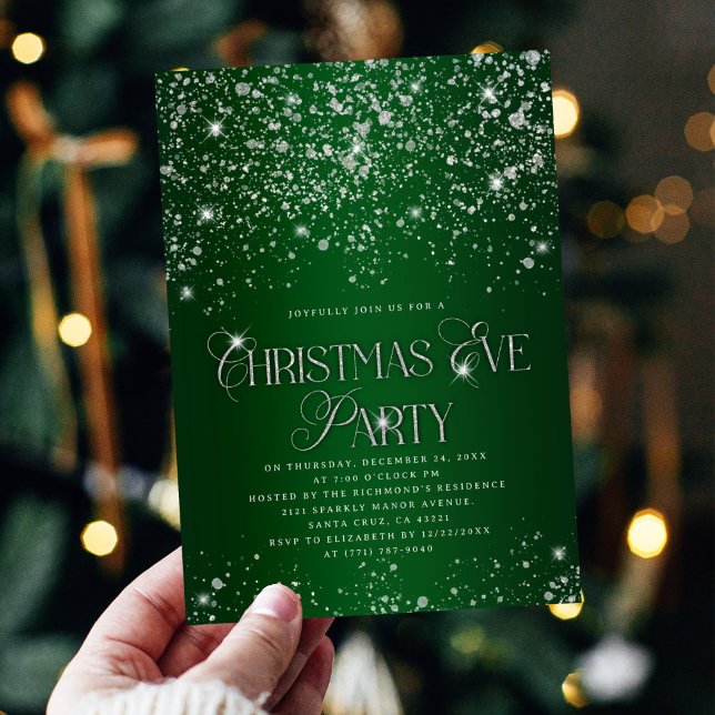 Convites Festa de Natal Elegante Verde com Brilho Prateado (Criador carregado)