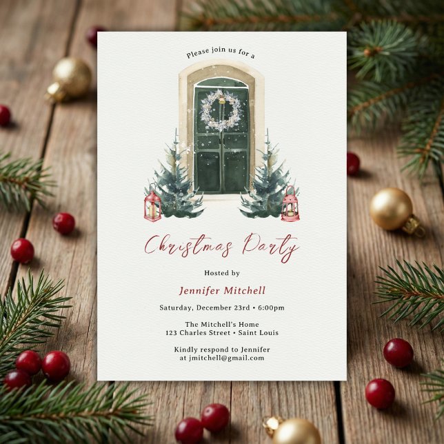 Convites Festa de Natal Elegante Watercolor (Watercolor Front Door Christmas Party Invite • Wreath & Lanterns (Personalized))