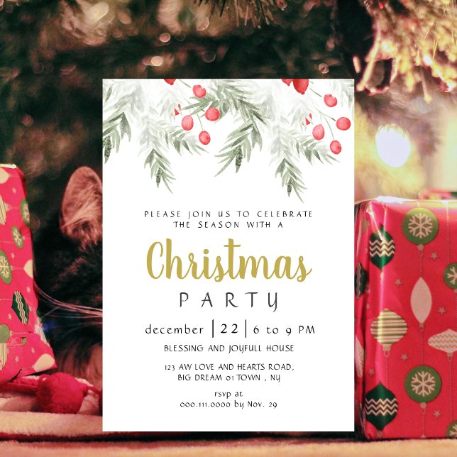 Convites Festa de Natal em Aquarela de Verde Invernal Elega (Criador carregado)
