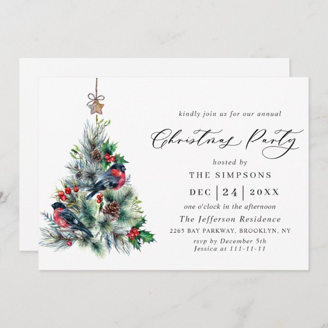 Convites Festa de Natal em Árvore de Pinheiros com Aquarela (Frente/Verso)