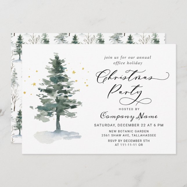 Convites Festa de Natal em Árvore de Pinheiros com Aquarela (Frente/Verso)