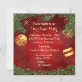Convites Festa de Natal em Dourado e Vermelho Elegante
