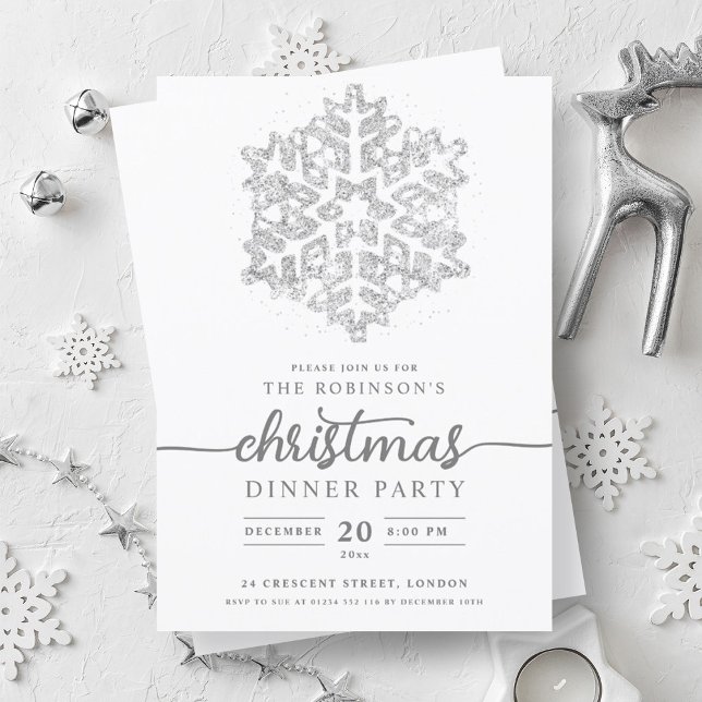 Convites Festa de Natal em Floco de Neve de inverno Moderno (Modern Silver Winter Snowflake Christmas Party Invitation)