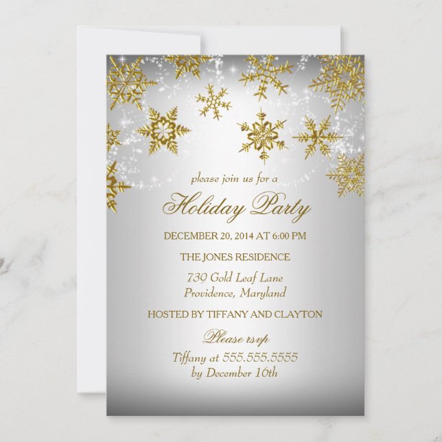 Convites Festa de Natal em Floco de Neve Dourado e Prateado (Frente)
