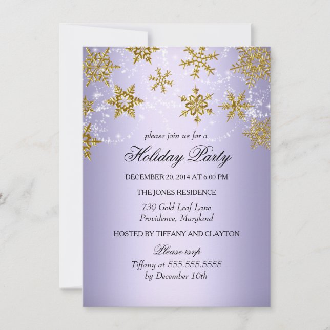 Convites Festa de Natal em Floco de Neve Roxo e Dourado (Frente)