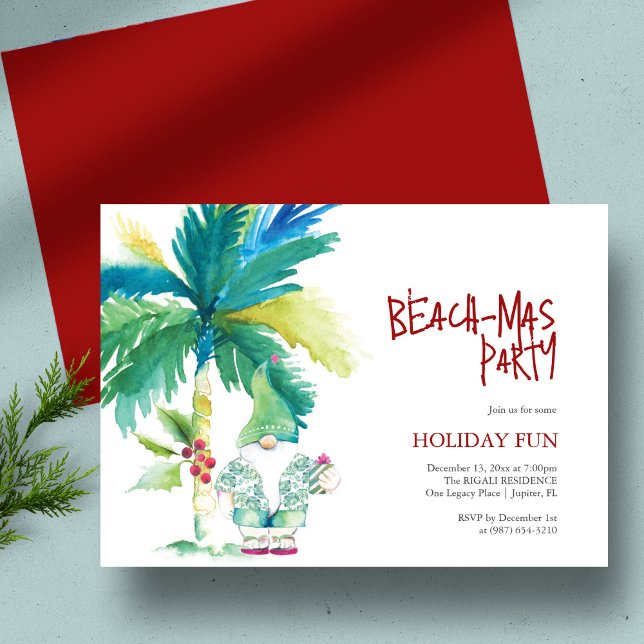 Convites Festa de Natal em Praia Papais noeis de Palmeiras  (A Beach-mas party invitation for Unique Christmas traditions watercolor art by Victoria Grigaliunas)