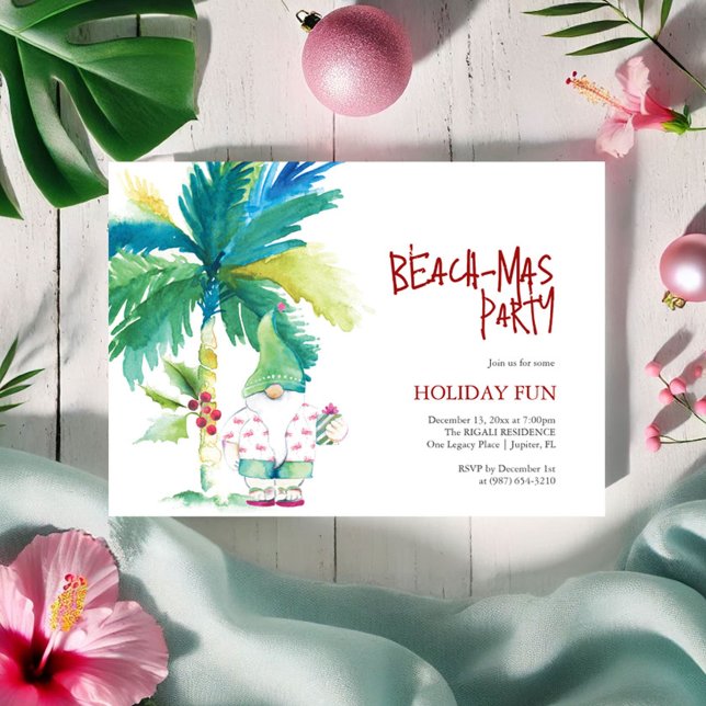 Convites Festa de Natal em Praia Papais noeis de Palmeiras  (beachmas Christmas party invitation tropical watercolor palm tree Santa art Victoria Grigaliunas)