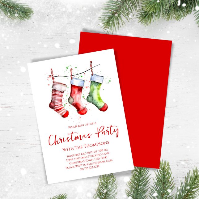 Convites Festa de Natal em Simples Meias de Água (Christmas party invitation with whimsical festive stockings. )