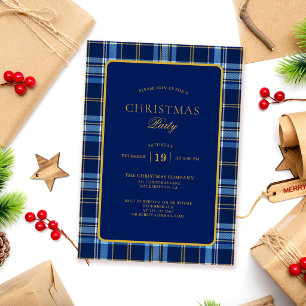 Convites Festa de Natal em Tartan Azul Marinho e Dourado