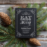 Convites Festa de Natal em Tipografia do Quadro Chalkboard<br><div class="desc">Design de convite para festas de Natal modernas e elegantes, com tipografia caprichosa que lê Comer, Beber e Ser Feliz. O plano de fundo tem uma borda com detalhes de canto de rolagem vintage. Use as ferramentas de design para personalizar fontes, mover texto e criar seu próprio design de convite...</div>