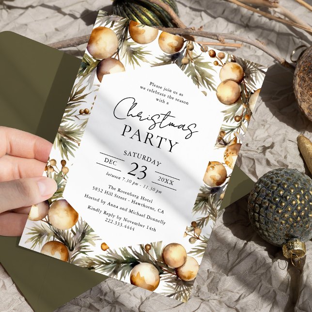 Convites Festa de Natal em Verde e Dourado com Aquarela (Criador carregado)