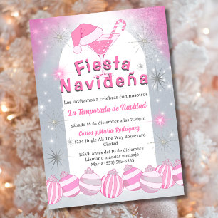 Convites Festa de Natal Espanhola Retro Rosa Fiesta Navideñ