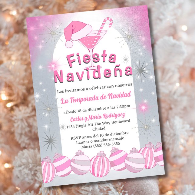 Convites Festa de Natal Espanhola Retro Rosa Fiesta Navideñ (Criador carregado)