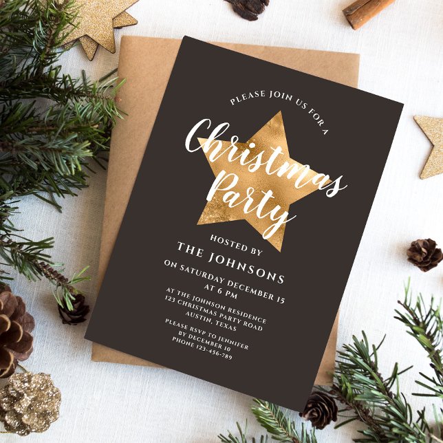 Convites Festa de Natal Estrela Dourada Marrom Elegante (Elegant Brown Gold Star Christmas Party Invitation)