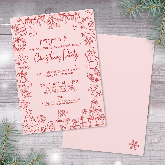 Convites Festa de Natal Excêntrica Desenhada à Mão Capricho (Quirky Hand Drawn Whimsical Christmas Party Invitation)