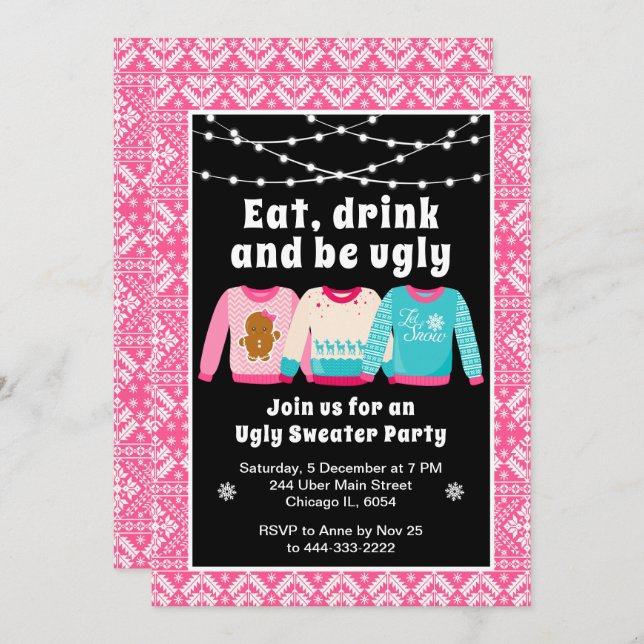 Convites Festa de Natal Feia, Festa de Férias Rosa (Frente/Verso)