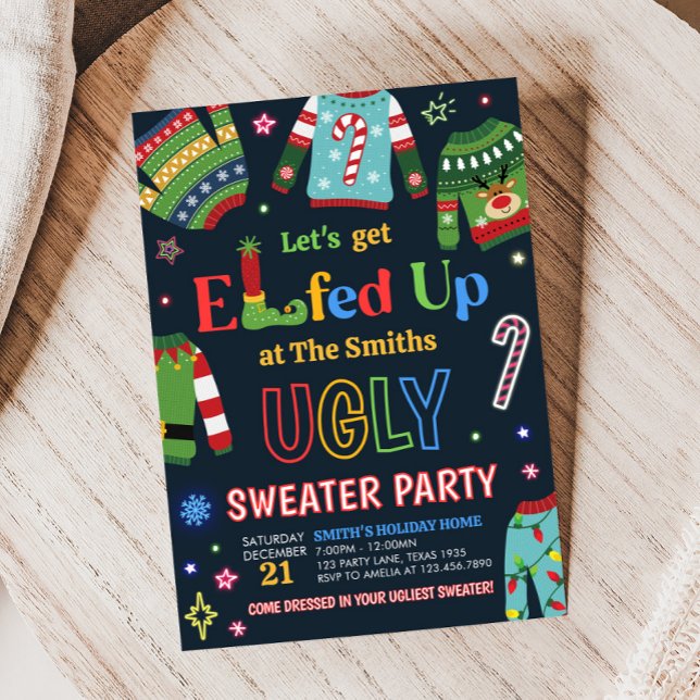 Convites Festa De Natal Feita Por Um Suéter Feio (Elfed Up Ugly Sweater Christmas Party Invitation)
