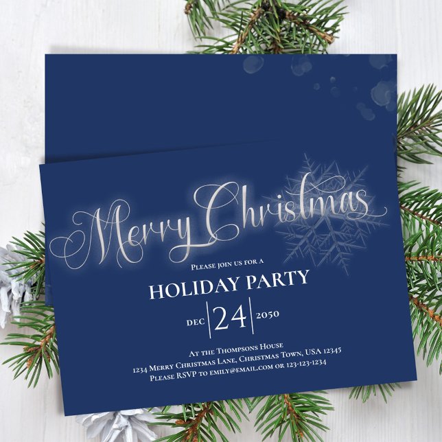 Convites Festa de Natal Feliz com Script de Caligrafia Azul (Merry Christmas party invitation with navy blue background. )