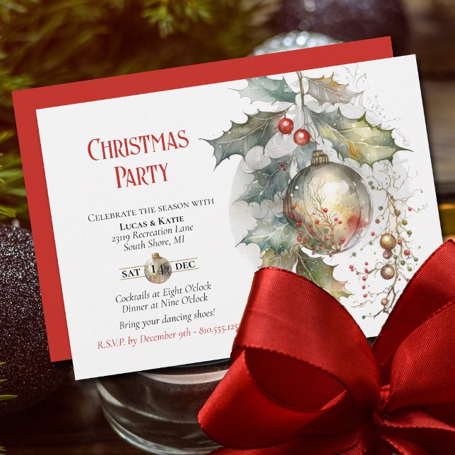 Convites Festa de Natal Feriada Holly Ornament Red Dourado (Festive Holiday Party Invitation with beautiful watercolor elements.)