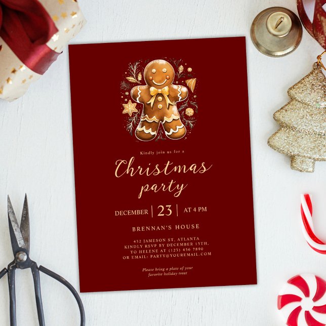 Convites Festa de Natal Feriado de Pão de Pão Dourado Verme (Christmas Party Red Gold Gingerbread Holiday Invitation)