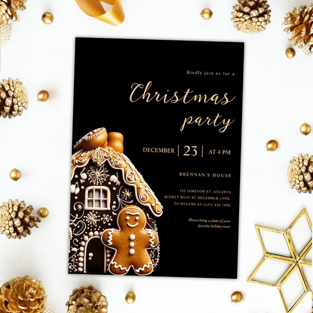 Convites Festa de Natal Feriado Dourado Pão Negro (Christmas Party Gold Black Gingerbread Holiday Invitation)