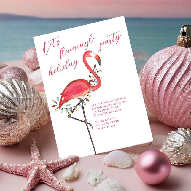 Convites Festa de Natal, Festa Rosa Rosa Fresca, Flamingo (Let's Flamingle holiday invitation with a watercolor pink flamingo)