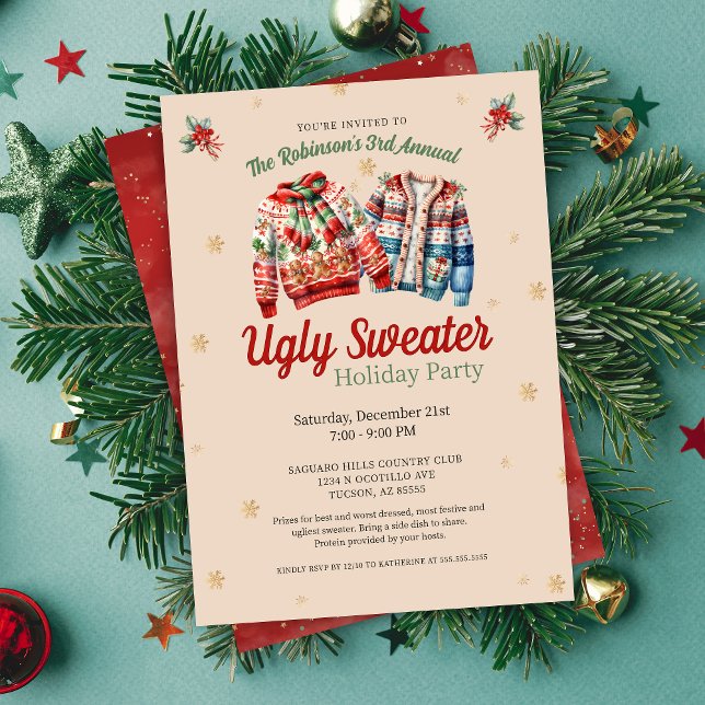 Convites Festa de Natal Festiva Anual Festiva e Feia (festive ugly christmas sweater party invitations for corporate work office or school family party)