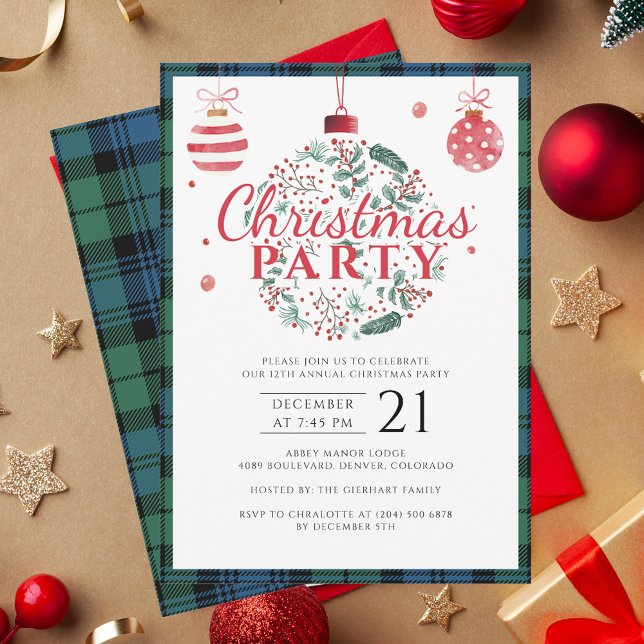 Convites Festa de Natal Festiva da Xadrez russa Tartan (Rustic Tartan Campbell Elegant Christmas Party Invitation with Baubles)