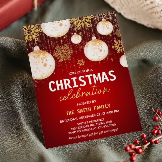 Convites Festa de Natal Festiva Dourada Balls Red Holiday (Gold Balls Red Festive Holiday Christmas Party Invitation)