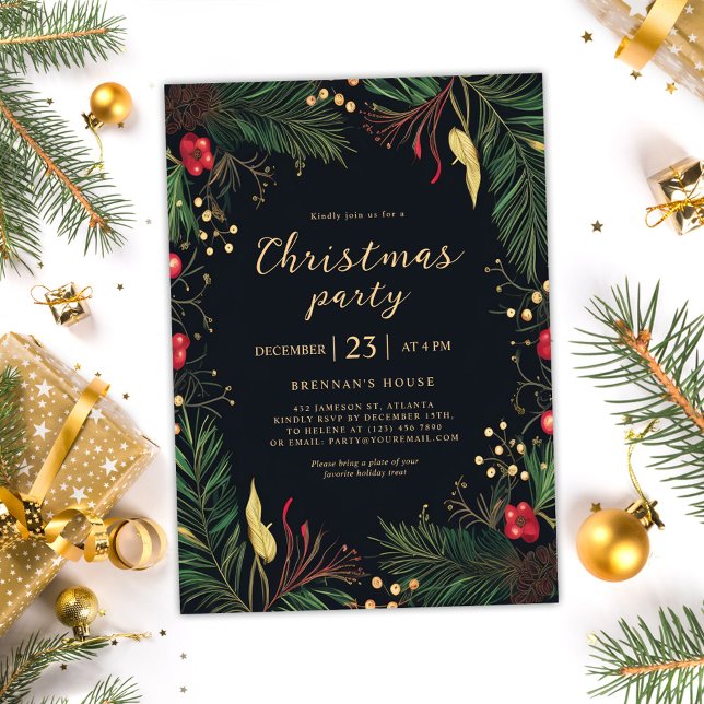 Convites Festa de Natal Festiva Greenery Botânico (Elegant Holiday Wreath Christmas Party Invitation)