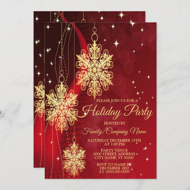Convites Festa de Natal Flocos de Neve do Ouro Vermelho (Frente/Verso)
