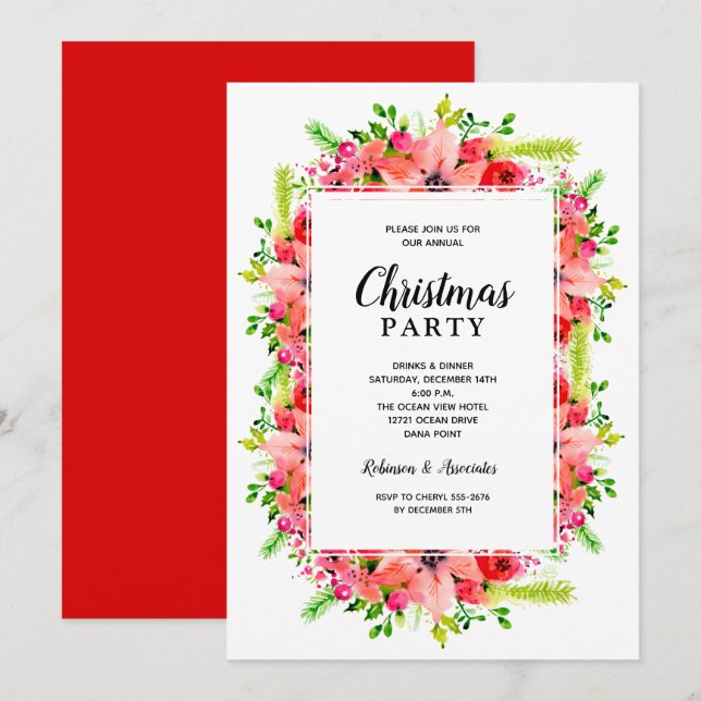 Convites Festa de Natal Floral Botânica Elegante (Frente/Verso)